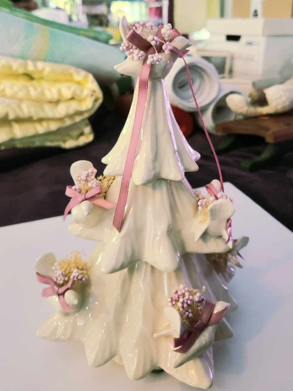 Vintage Glazed Ceramic 3-Tier "Bird and Bow" Christmas Tree - Hand-Assembled